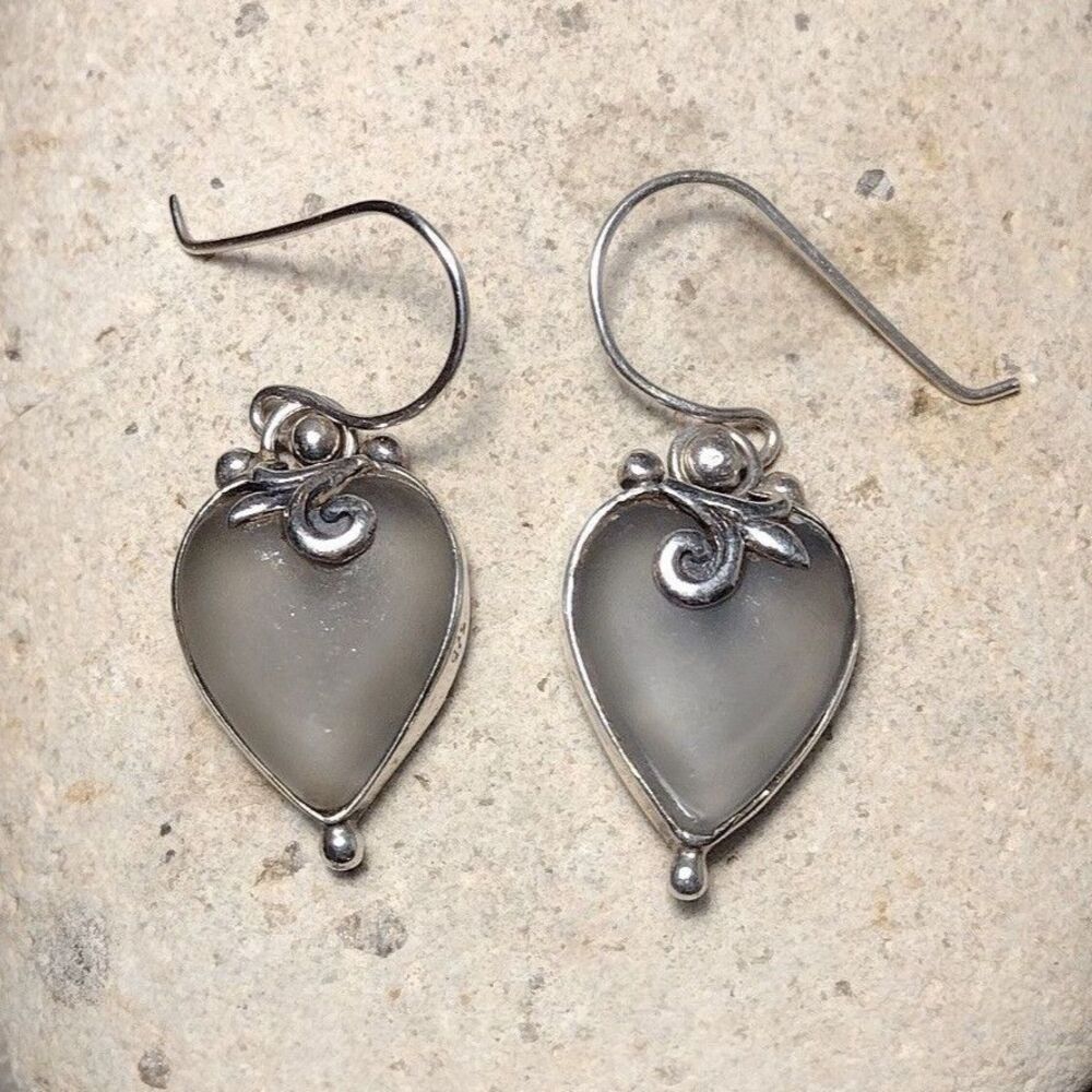 Vintage Sterling Silver .925 Frosted Glass Heart Bezel Earrings